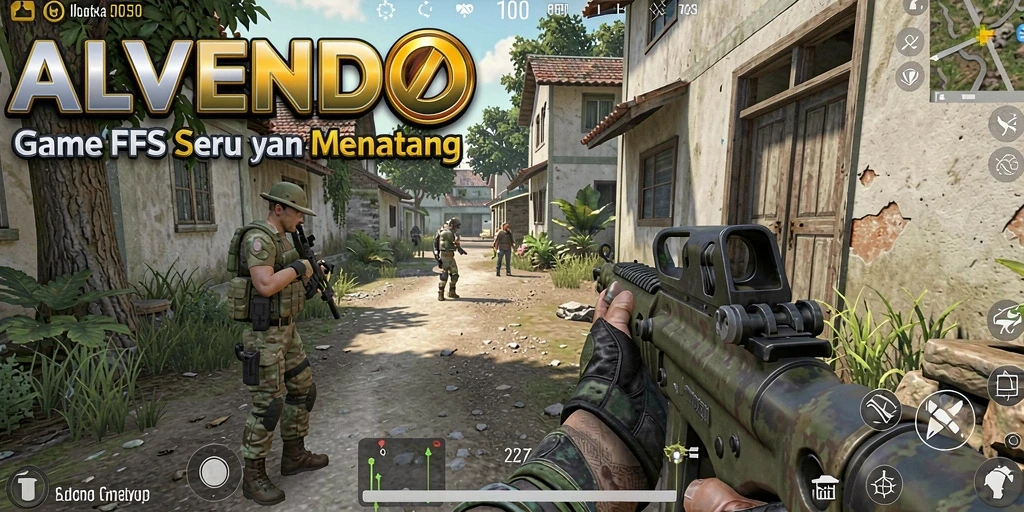 Screenshot menampilkan karakter utama dalam aksi tembak-menembak di ALVENDO.