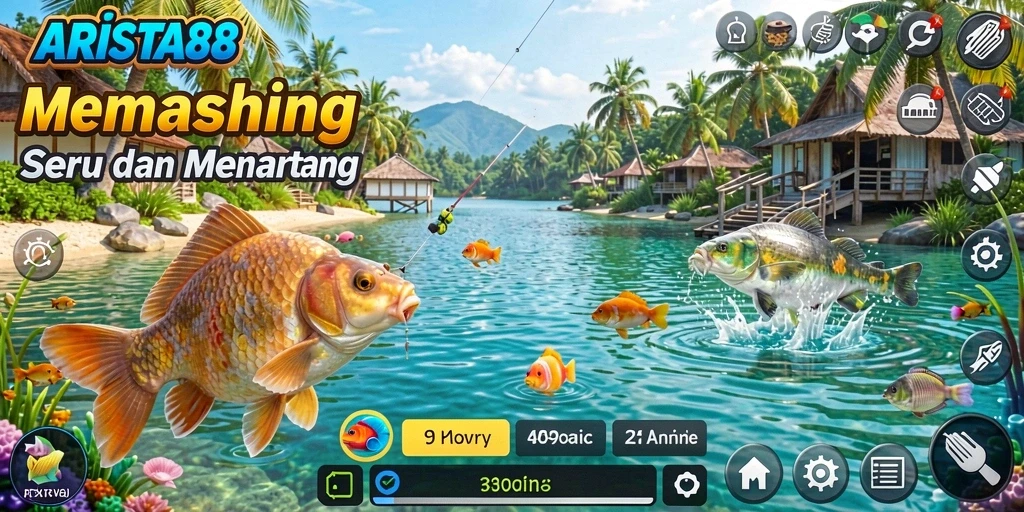 Tampilan gameplay ARISTA88 yang menampilkan momen seru saat memancing.