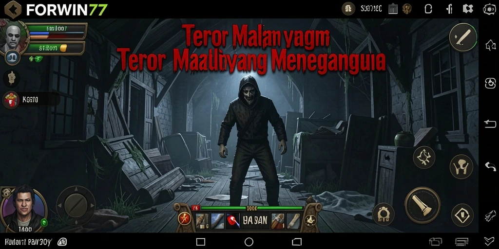 Screenshot gameplay FORWIN77 menampilkan suasana mencekam dan karakter menakutkan.
