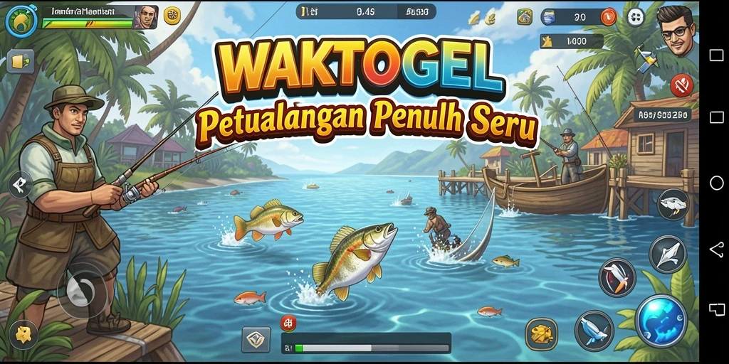 Tampilan gameplay WAKTOGEL dengan suasana memancing yang menenangkan.